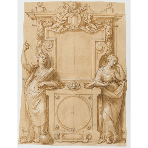 A Design for a Wall Monument with a Papal Coat of Arms Flanked by Allegorical Figures